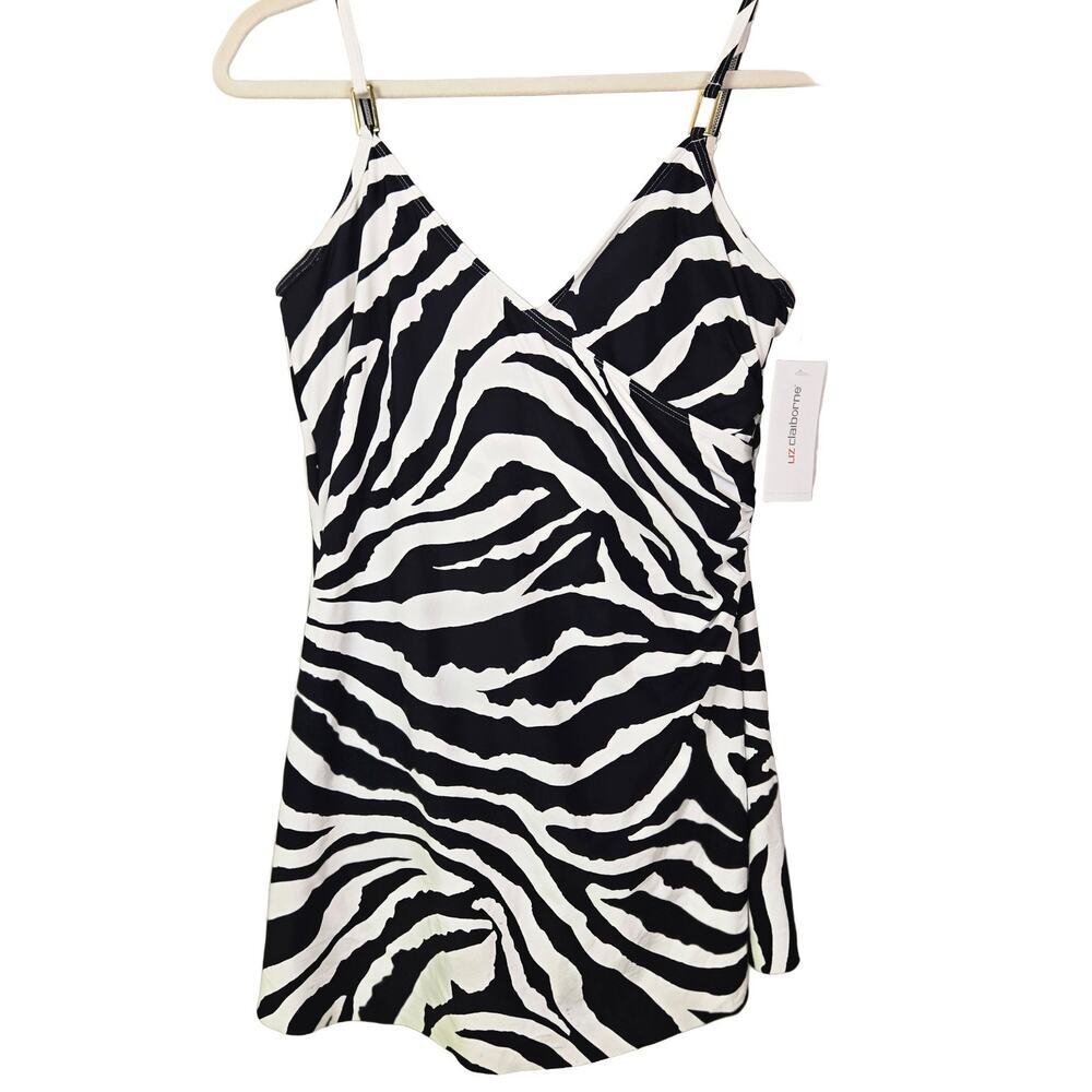 Liz Claiborne Zebra One Piece Swim Dress 12 Black White Tummy Control MSP $99